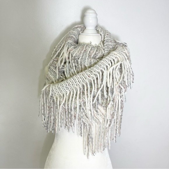 Infinity Scarf Stripes Beige Knited Fringe Bohemian Oversized Wrap - Picture 12 of 14